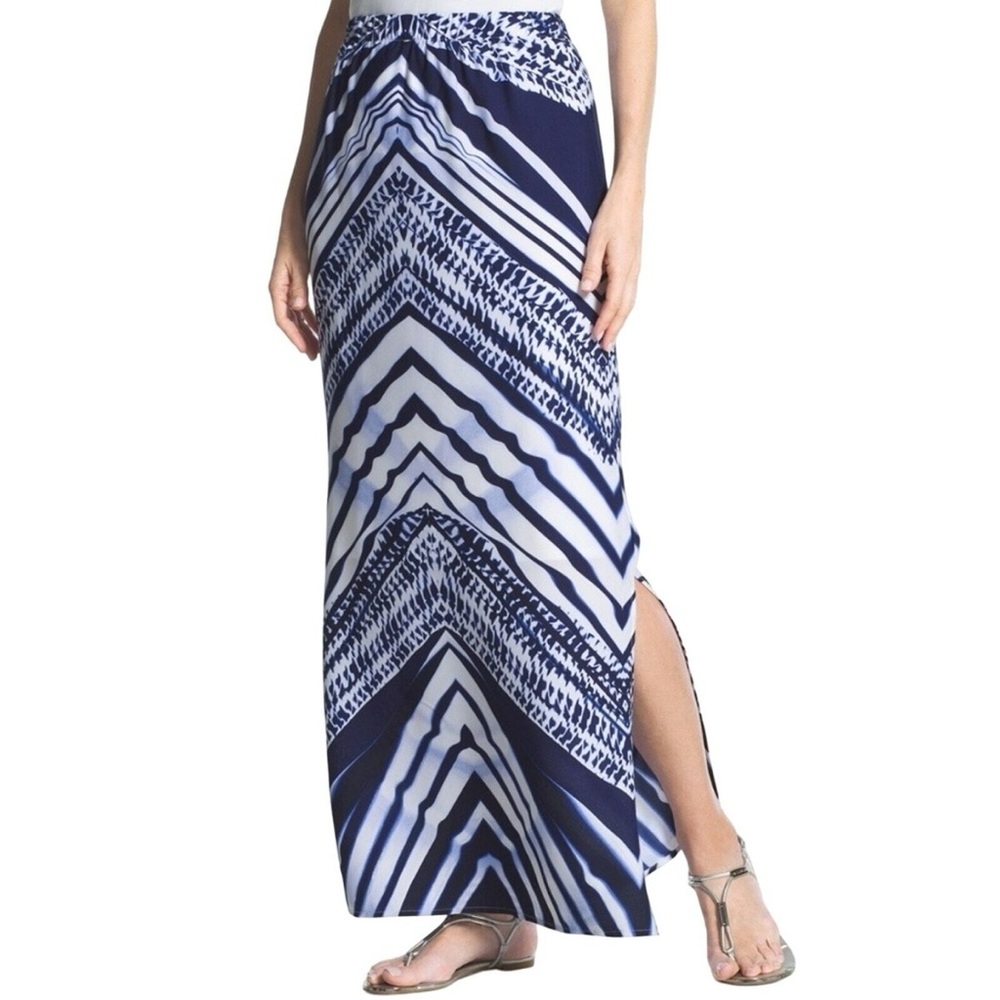 Chico's Chevron Stripe Maxi Skirt Womens Blue White Art Print Side Slit